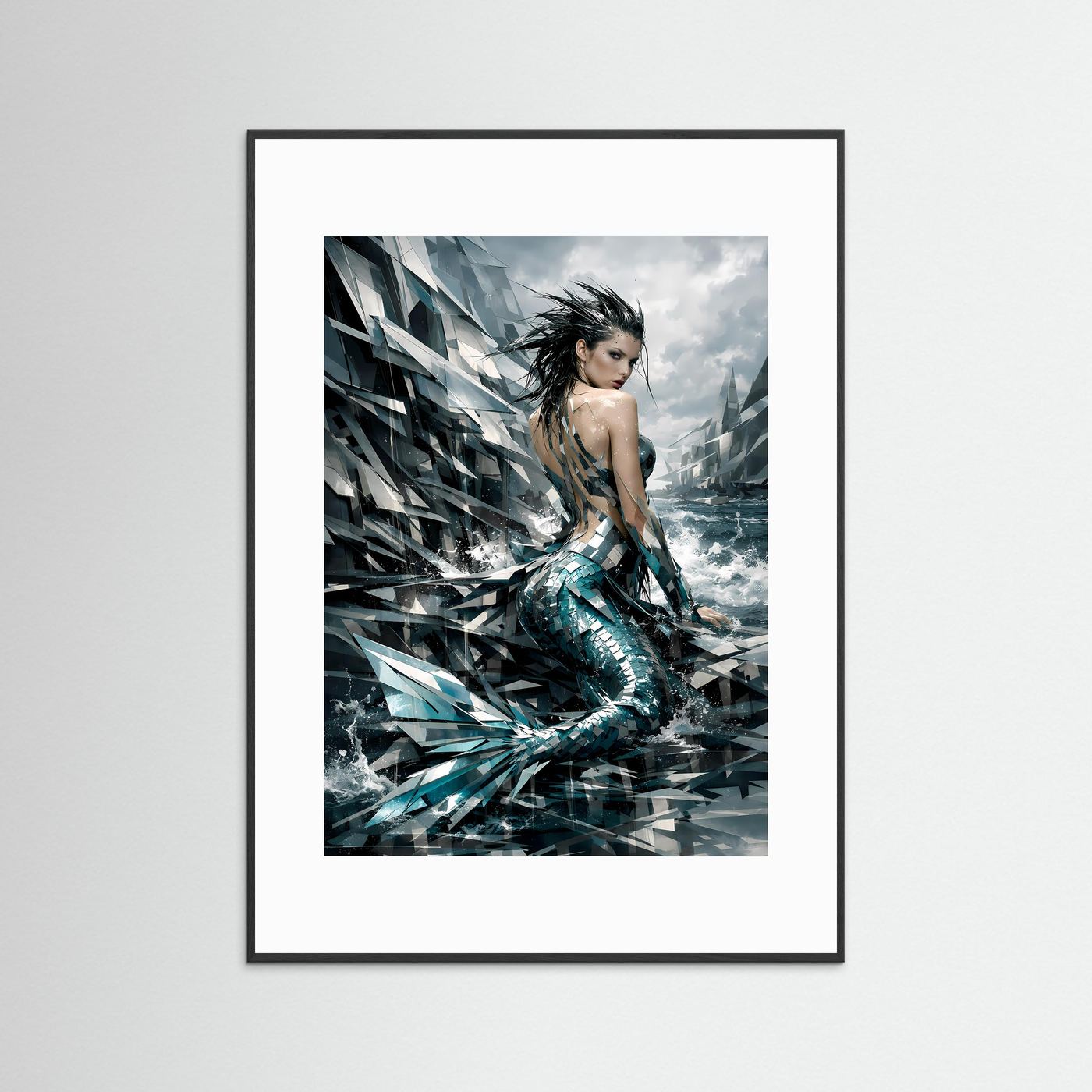 Meerjungfrau-Poster mit türkisfarbenem Schuppenmuster, schwarzer Rahmen und weißer Rand, Hochformat.