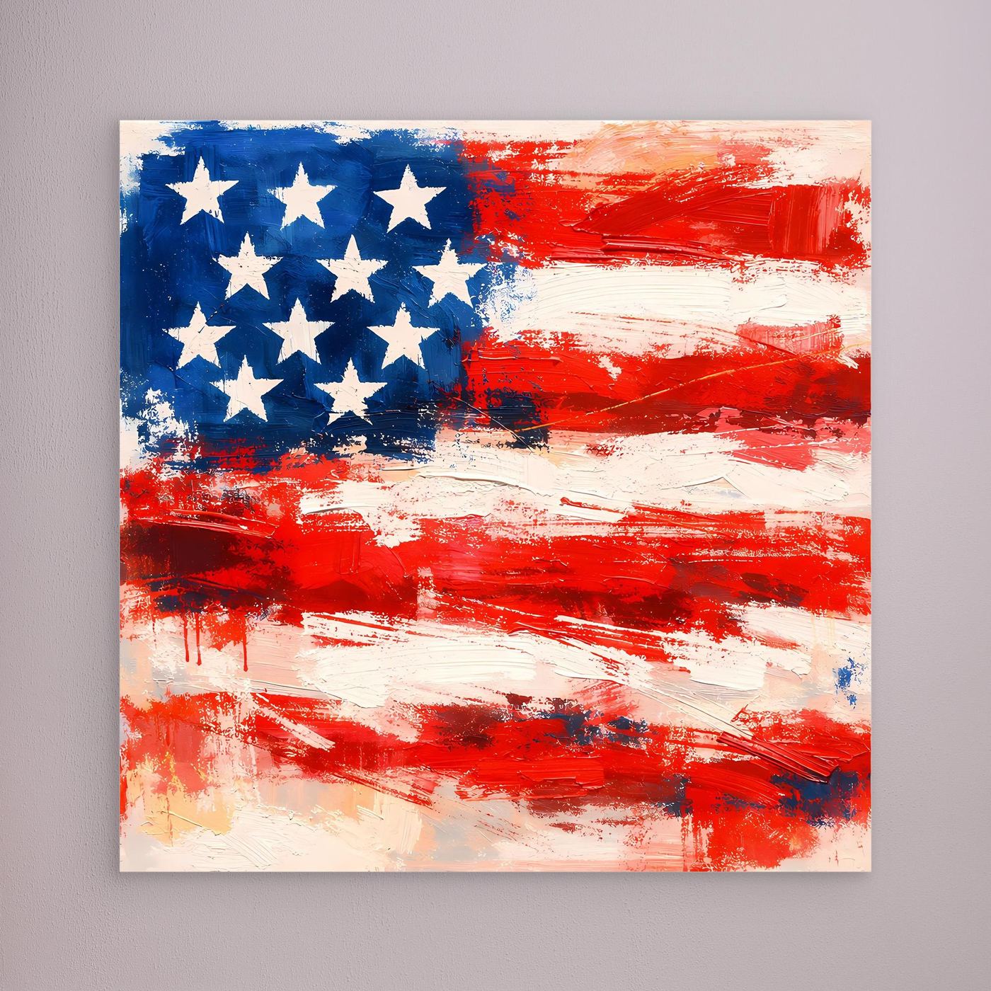 Abstract USA flag wall art on unframed canvas, blue stars and red-white brush strokes