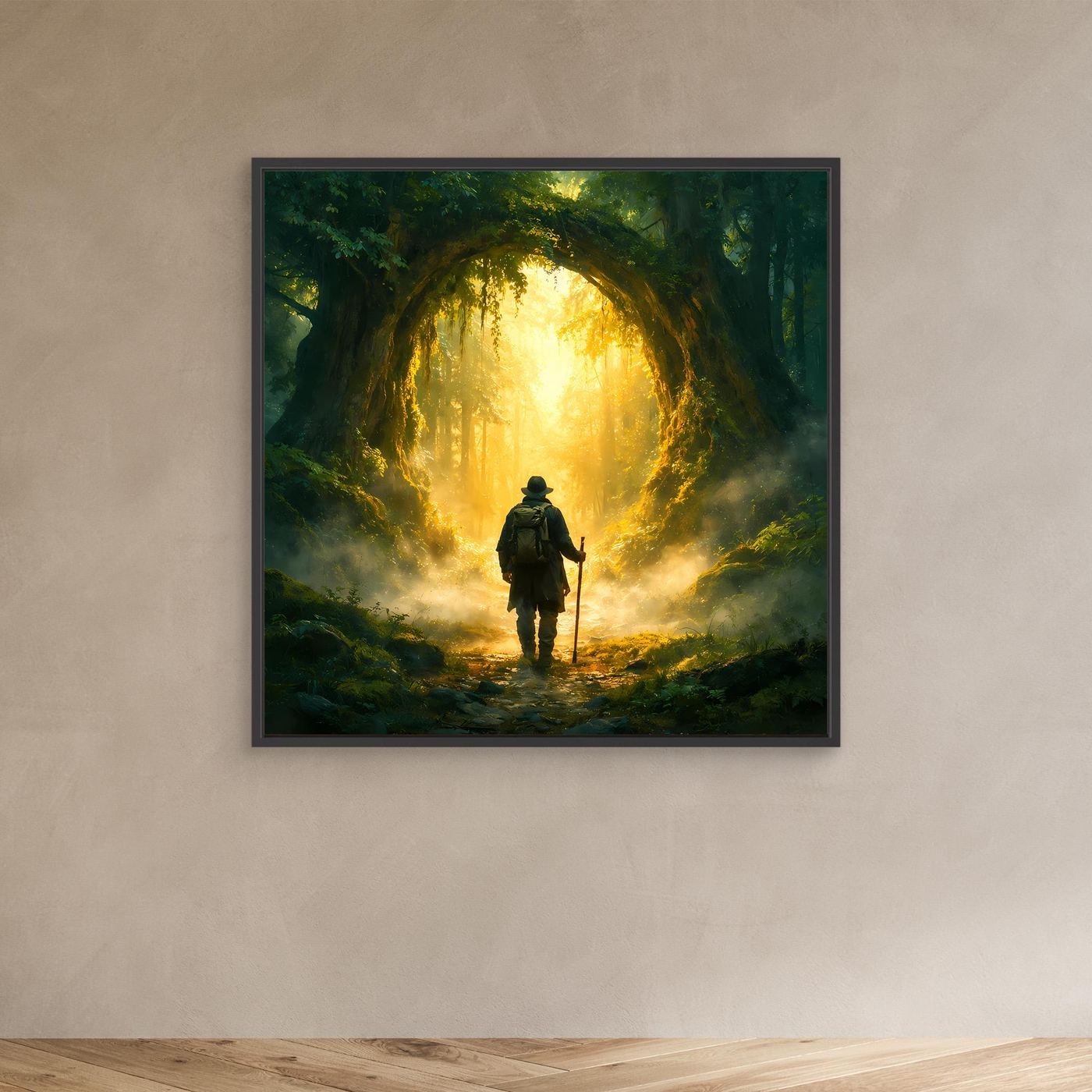Leinwand Mystischer Wanderer am Waldportal | Abstraktes Natur Zauberwald Wandbild