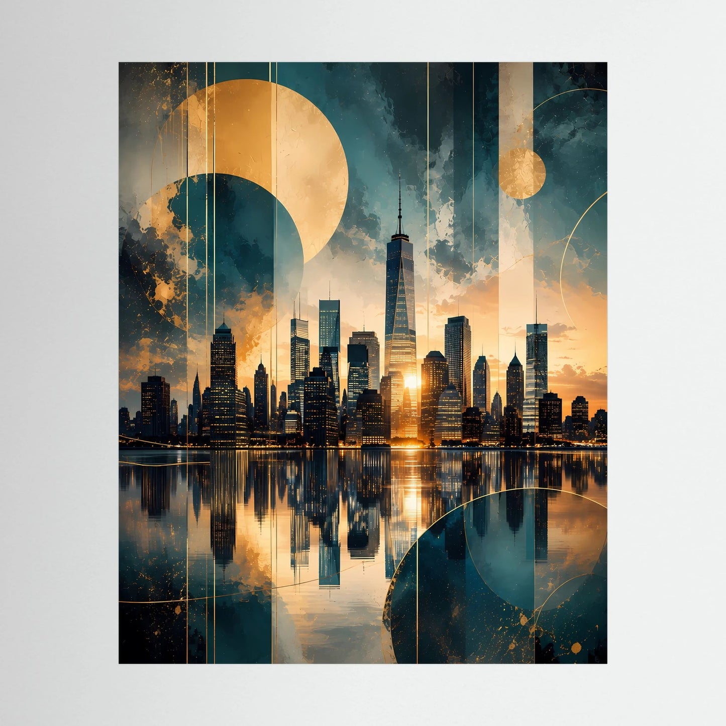 Poster im Hochformat mit abstrakter Manhattan-Skyline in Gold und Petrol, ohne Rahmen