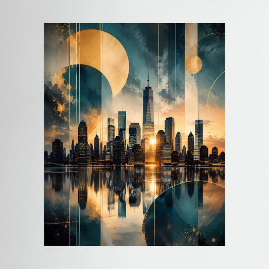 Poster im Hochformat mit abstrakter Manhattan-Skyline in Gold und Petrol, ohne Rahmen