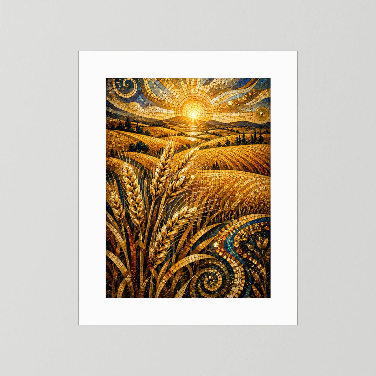 Hochformatiges Poster mit goldenem Weizenfeld im Mosaikstil ohne sichtbaren Rahmen