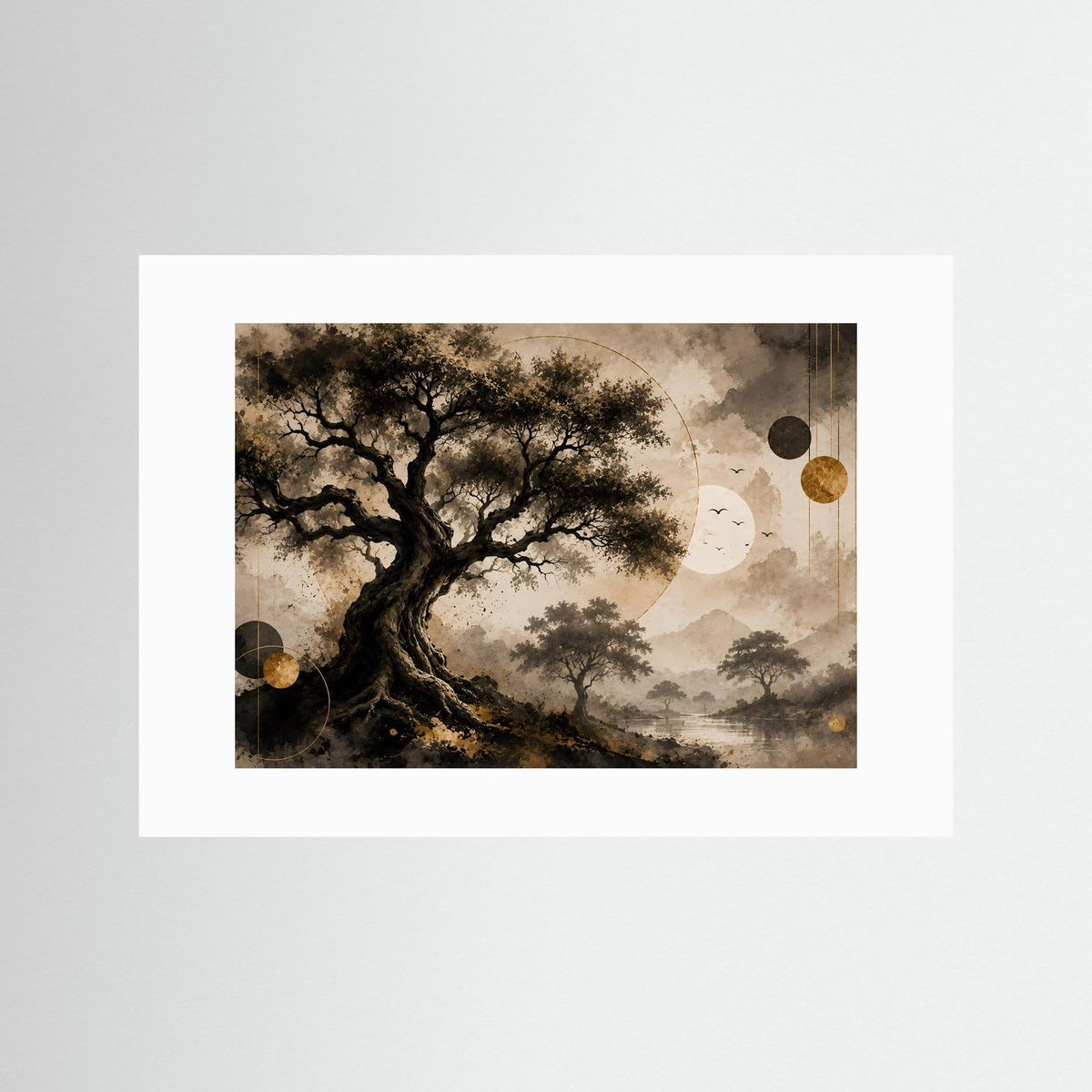 Abstrakte Natur-Wandkunst im Querformat, dunkler Baum, Gold-Beige, weißer Passepartout