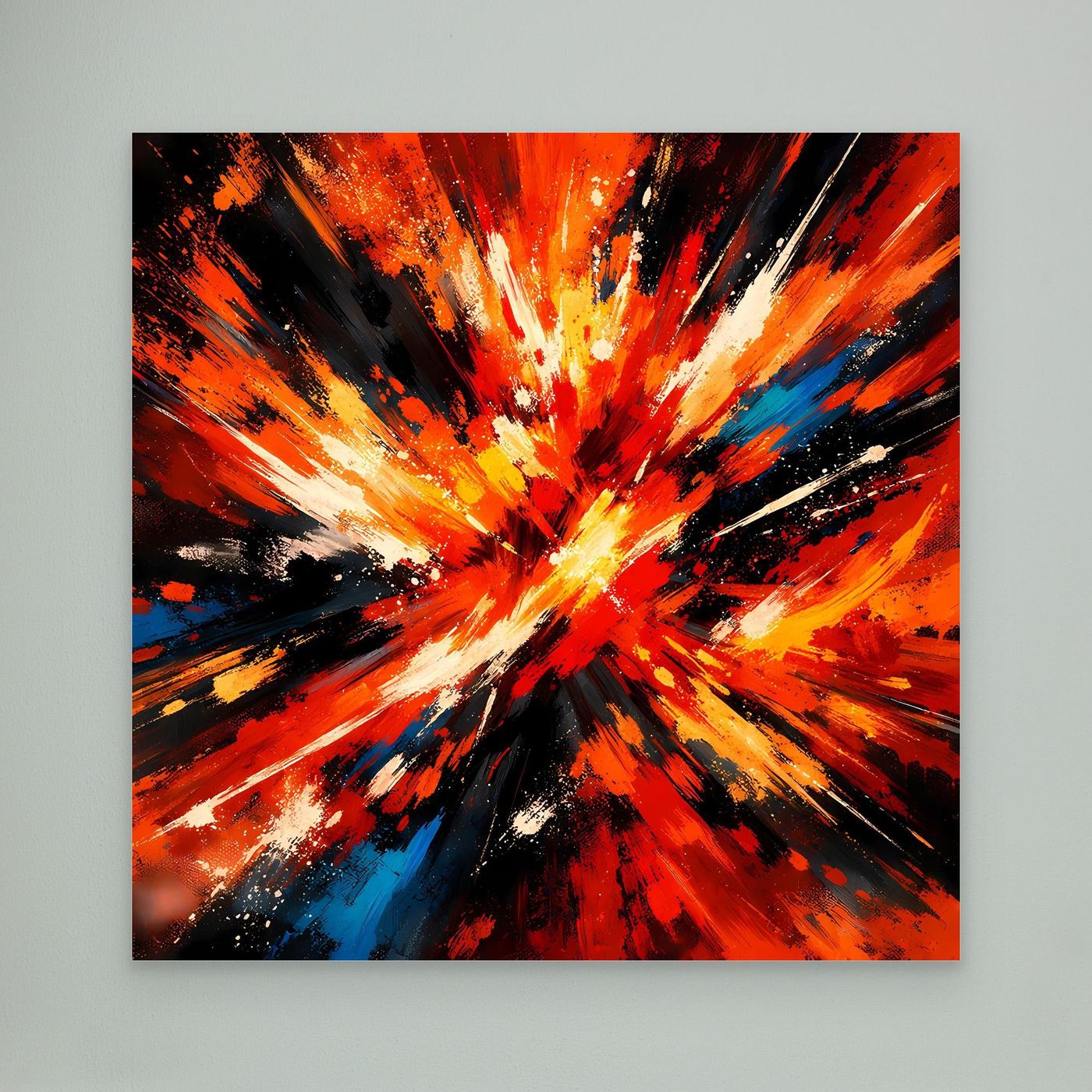 Abstraktes Leinwandbild mit Farbexplosion in Rot, Orange, Schwarz und Blau, ohne Rahmen