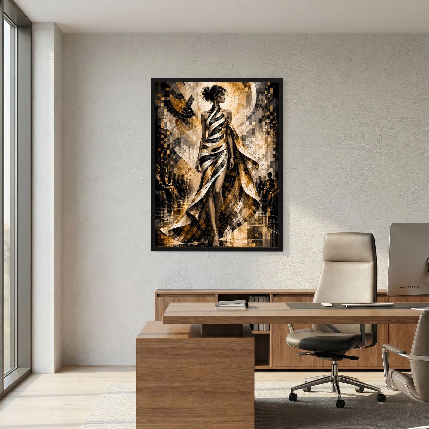 Hochformatiges Poster: Frau mit wehender Kleidung, Gold- und Schwarzton, weiße Lichteffekte.