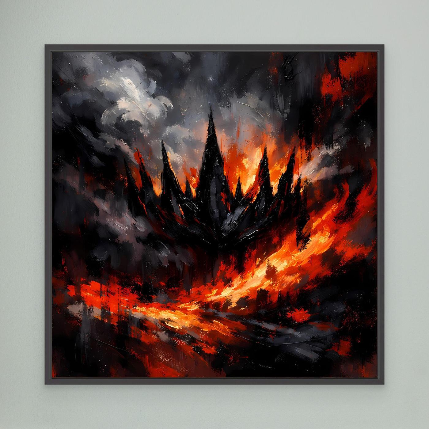 Abstraktes Fantasy-Wandbild: dunkle Festung mit Flammen, schwarzer Rahmen
