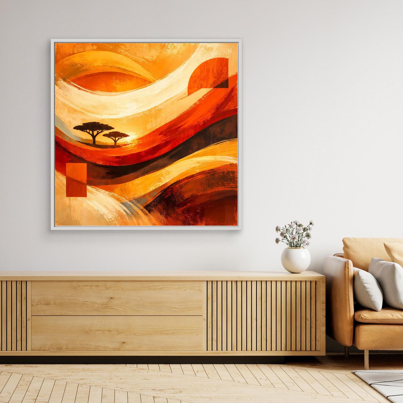 Leinwandbild mit weißem Rahmen, abstraktes Wüstenmotiv mit Akazien-Silhouetten in Orange/Rot