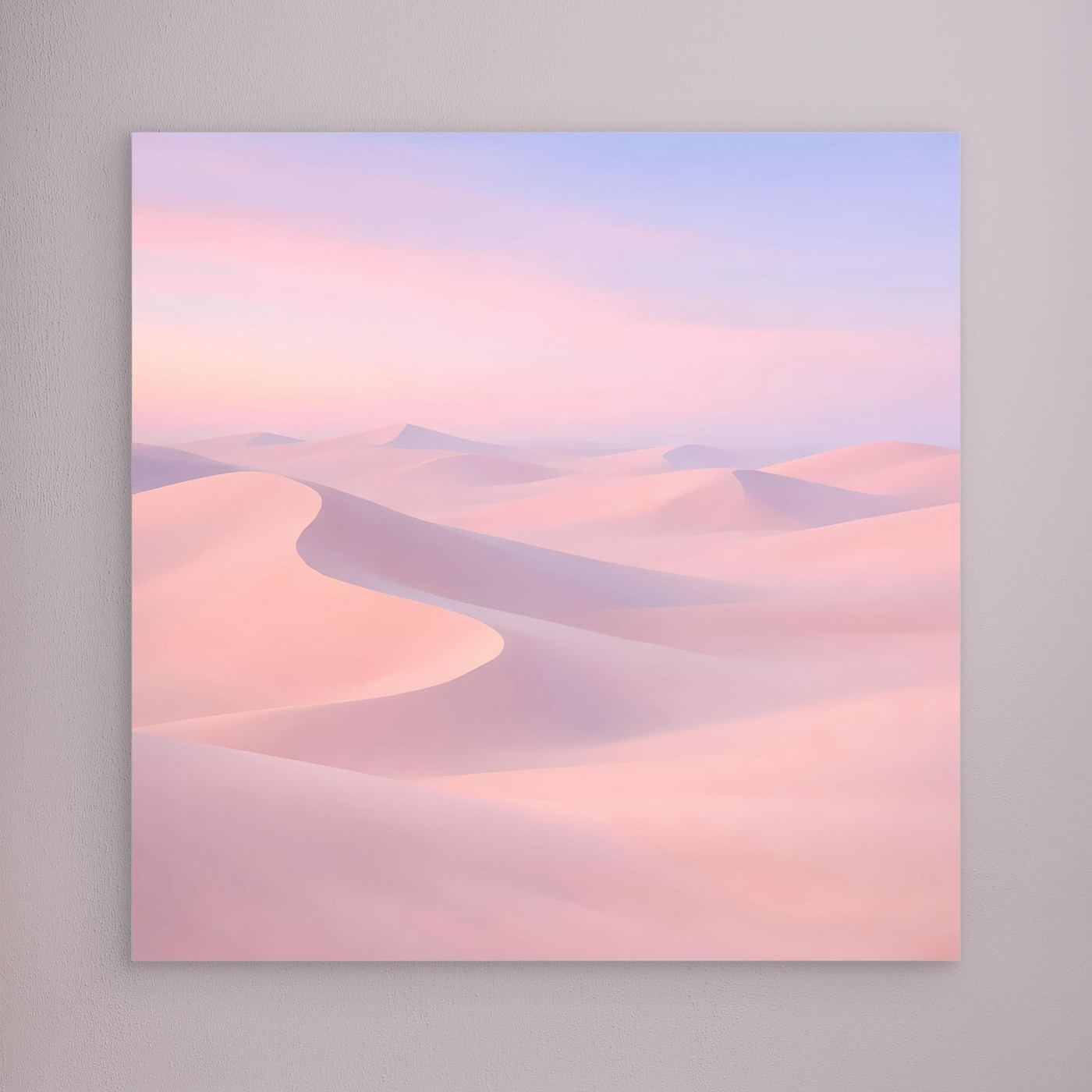Leinwandbild mit Pastell-Wüstendünen in Rosa und Flieder, weißer Rahmen