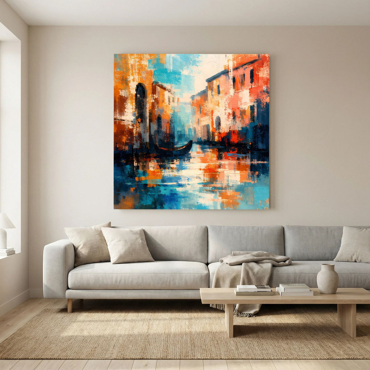 Abstraktes Leinwand-Wandbild über dem Sofa, venezianischer Kanal mit Gondel in Orange und Blau