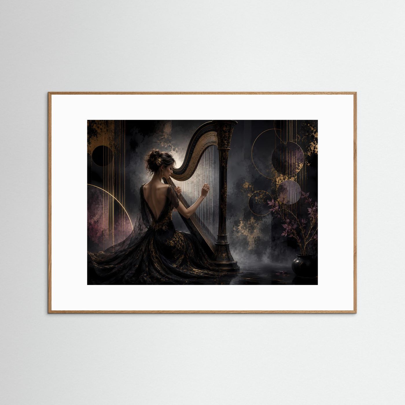 Elegante Harfenklänge in Schwarz & Gold | Klassische Musik & Luxus Poster Querformat