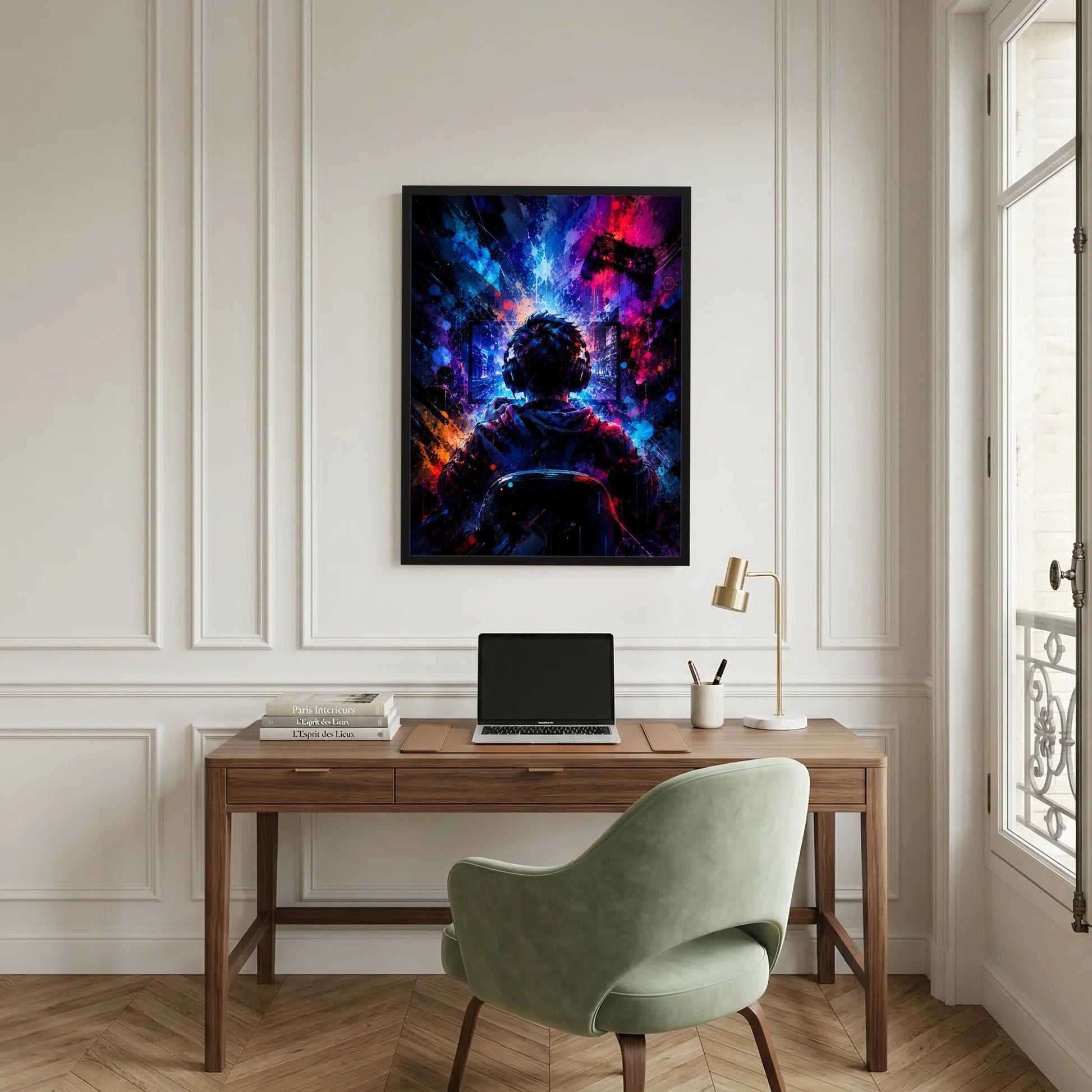 Neon-Gamer-Poster im Hochformat an der Wand: Headset-Silhouette, Farbverlauf