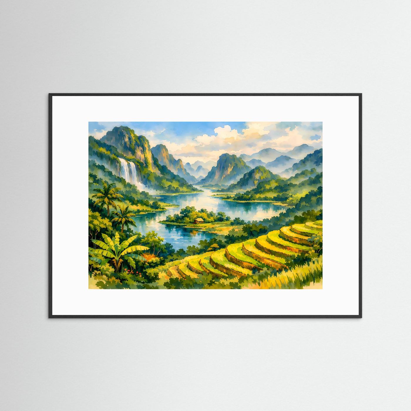 Tropisches Tal mit Reisterrassen und Fluss | Panorama Natur & Landschaft Poster Querformat