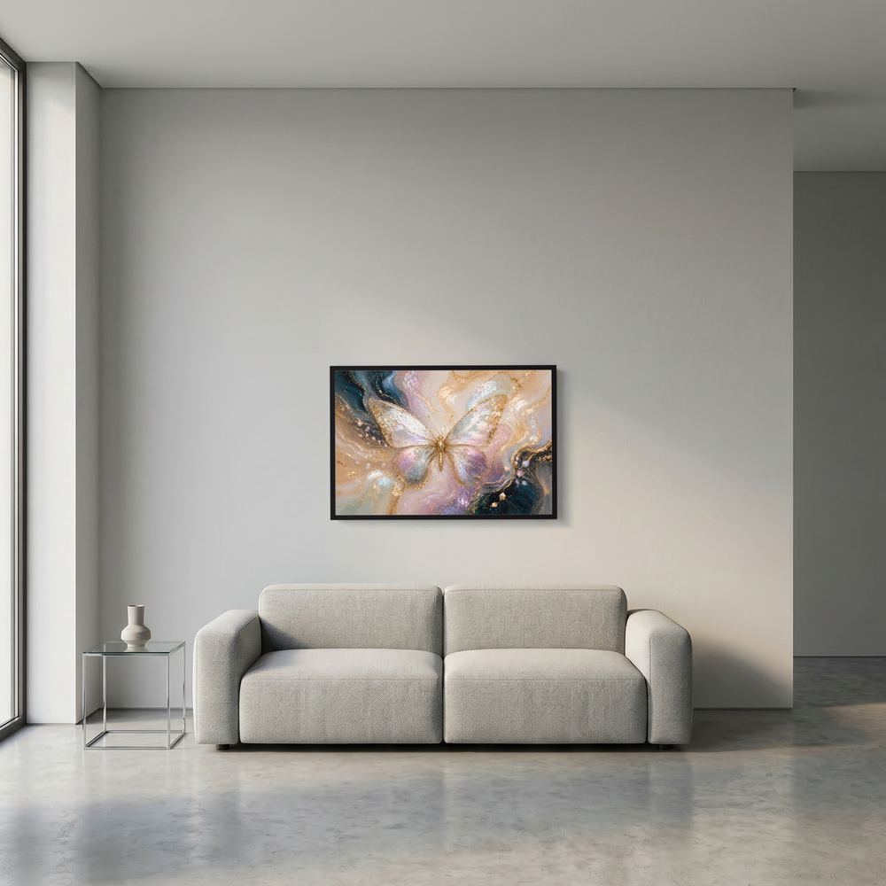 Wandbild im Querformat mit Schmetterling in Pastell und Gold, schwarzer Rahmen