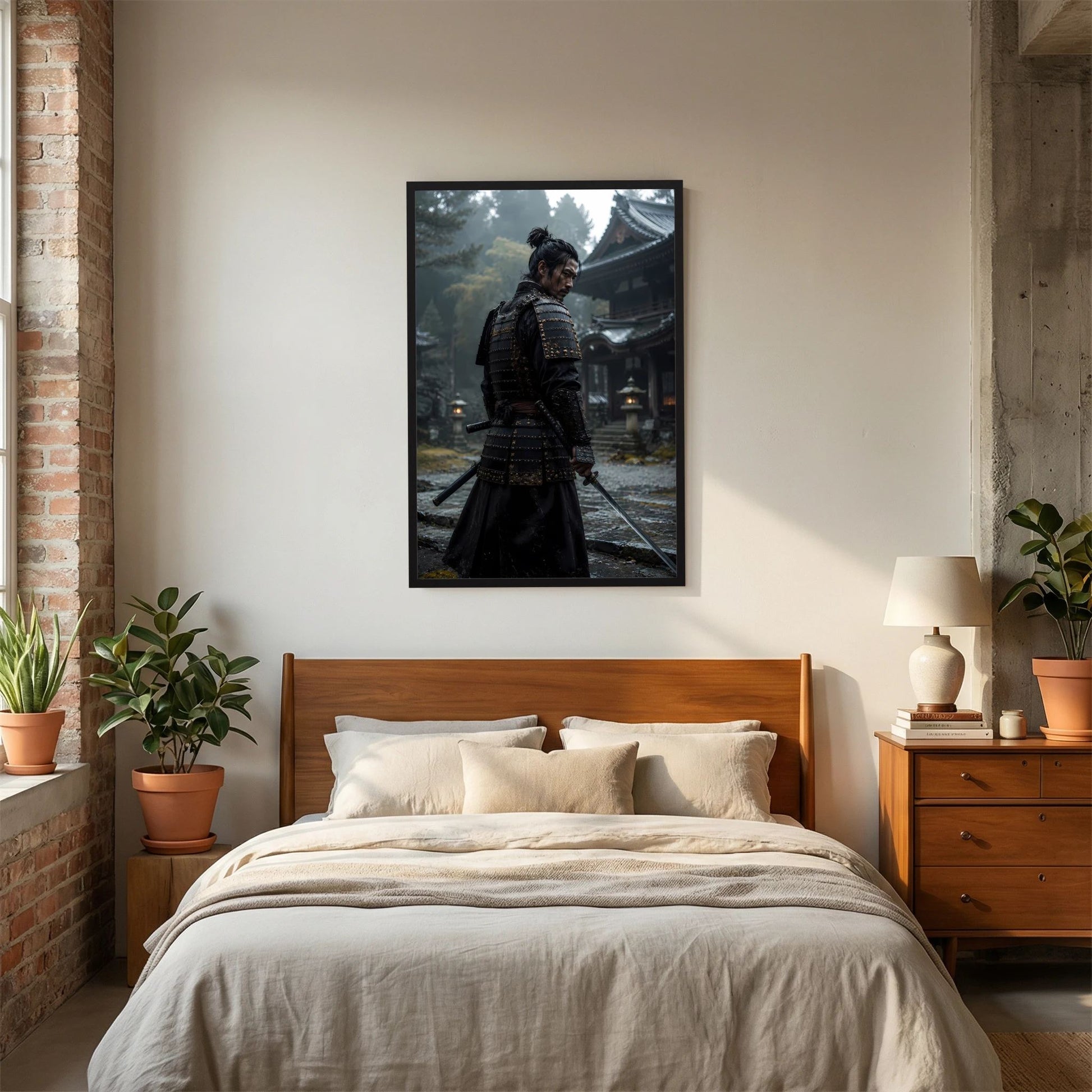 Poster mit Samurai in schwarzer Rüstung im Tempel, im schwarzen Rahmen, seitlich