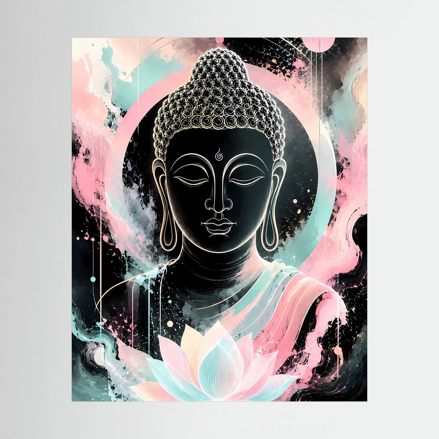 Buddha-Poster im Hochformat mit schwarzer Buddhafigur und Lotusblüte in Pastellfarben