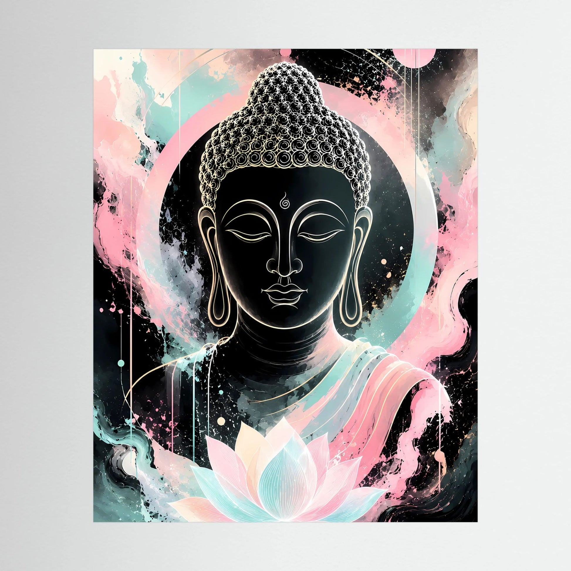 Buddha-Poster im Hochformat mit schwarzer Buddhafigur und Lotusblüte in Pastellfarben