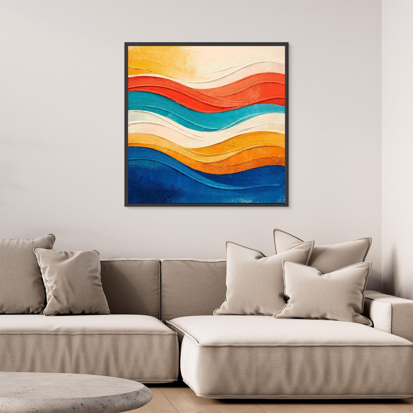 Abstraktes Leinwand-Wandbild mit Wellenlinien in Orange, Rot, Türkis und Blau, mit schwarzem Rahmen