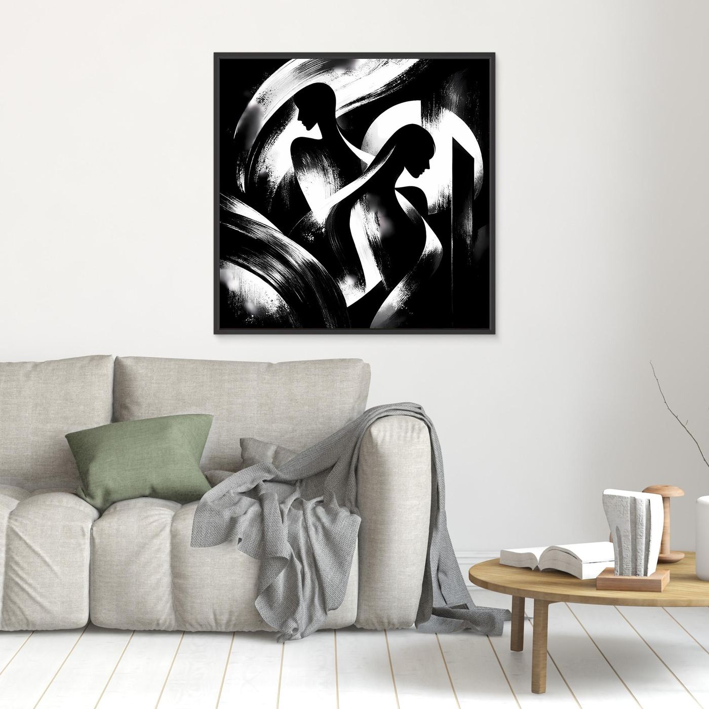 Quadratisches Wandbild mit abstrakten Schwarz-weiß-Silhouetten, schwarzer Rahmen.