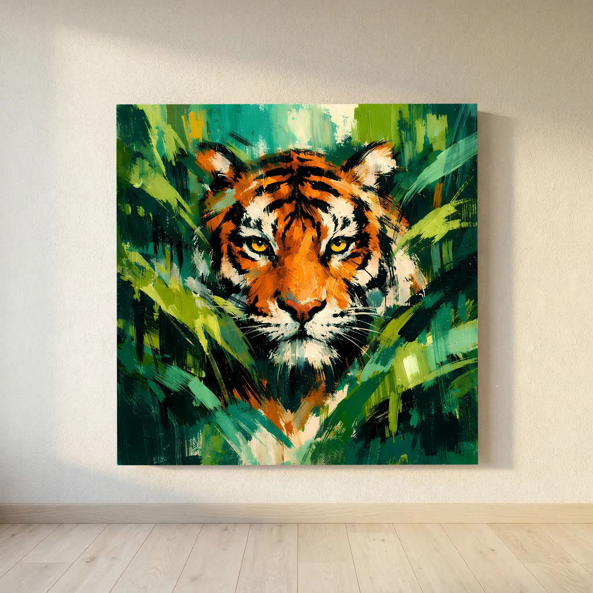 Leinwand Abstraktes Tiger Gemälde | Modernes Wandbild Raubkatze Dschungel Grün Orange