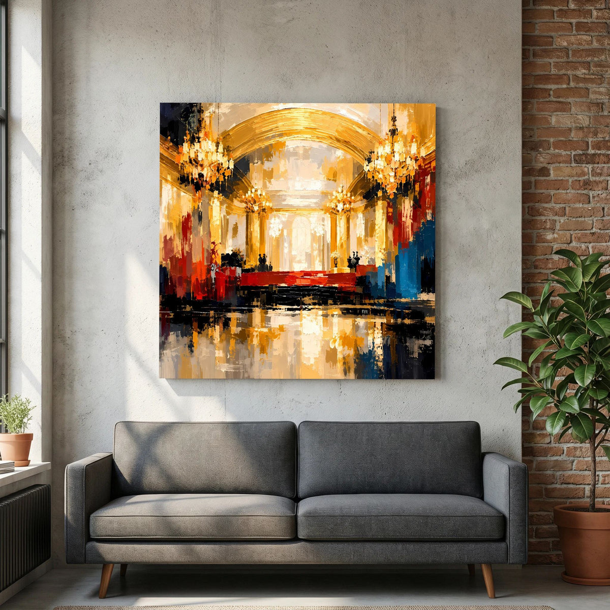 Leinwand Abstraktes Palast Saal Gemälde | Modernes Elegantes Wandbild Ballsaal Gold Rot