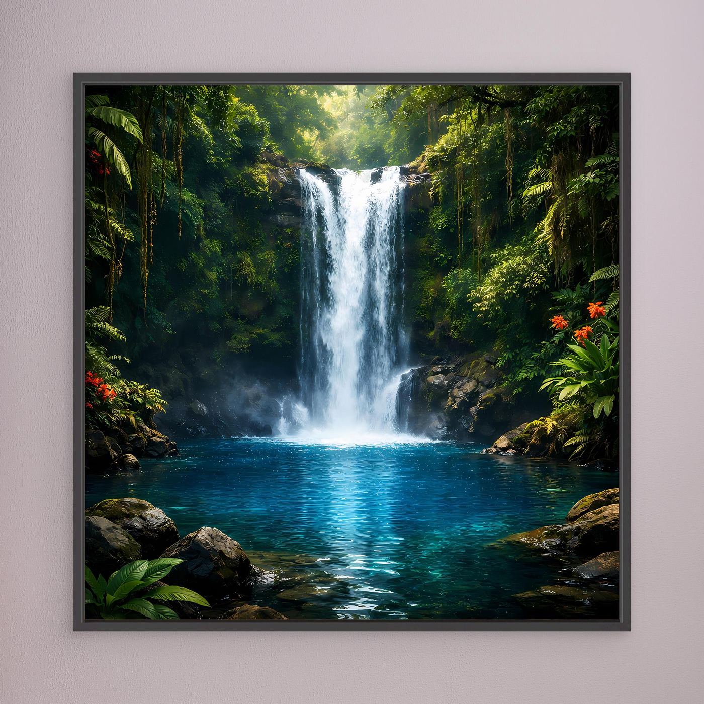 Leinwandbild mit Wasserfall im Dschungel, schwarz gerahmt, üppiges Grün mit Wasserbecken