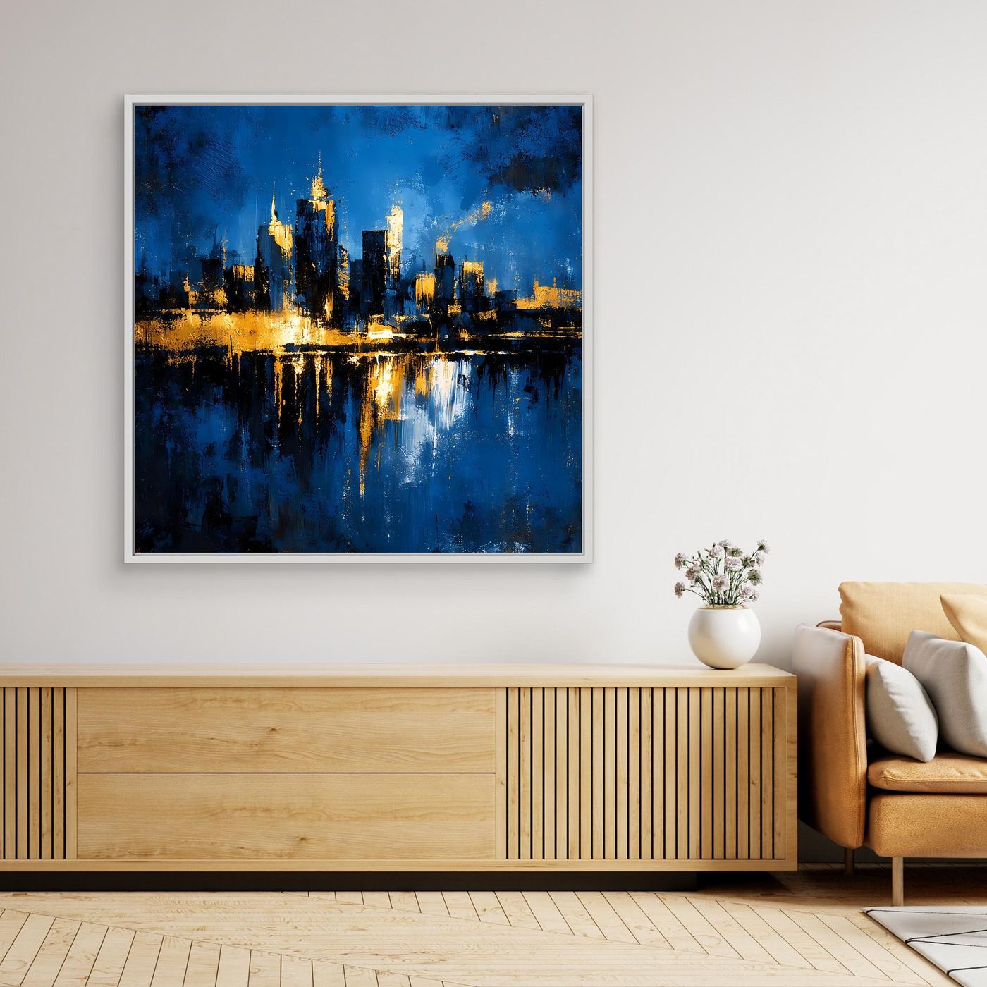 Leinwand Goldene Skyline bei Nacht | Modernes Abstraktes New York Wandbild