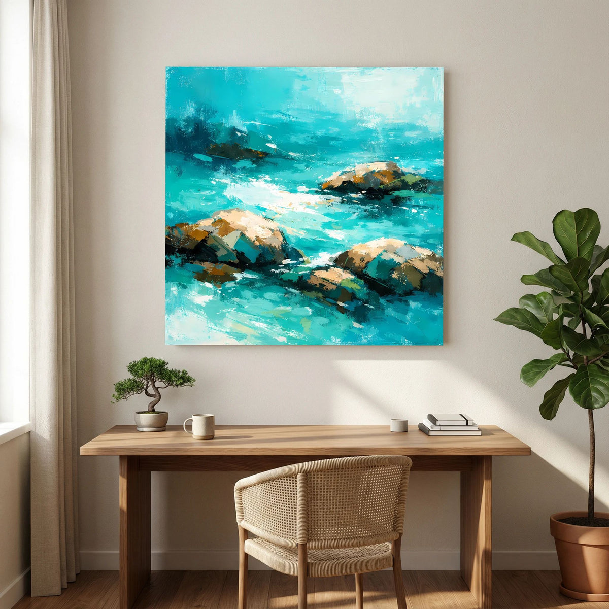 Leinwand-Wandbild mit abstrakter Küste: türkisfarbenes Wasser und gelb-braune Felsen