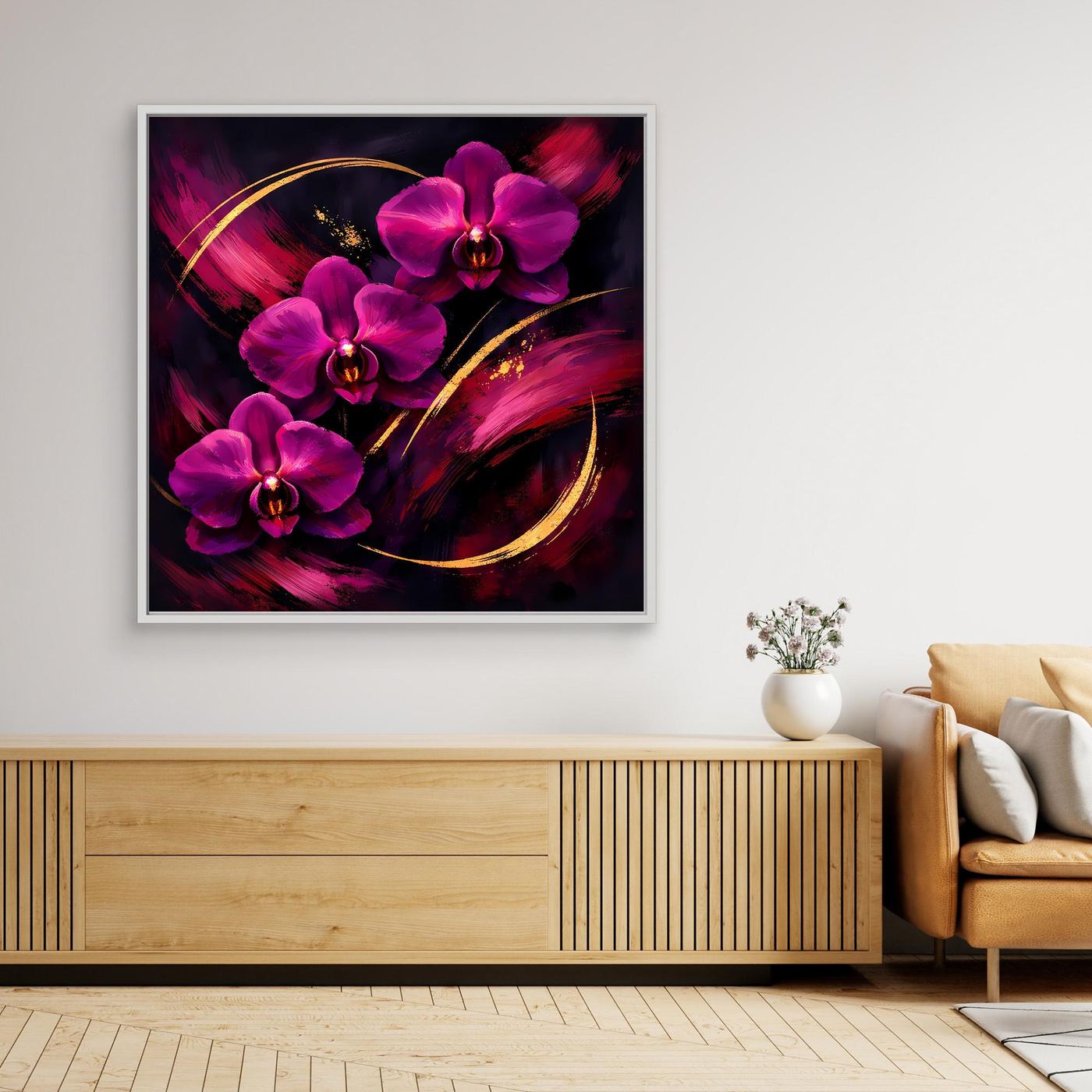 Gerahmtes Leinwandbild mit magentafarbenen Orchideen und abstrakten Farbverläufen.