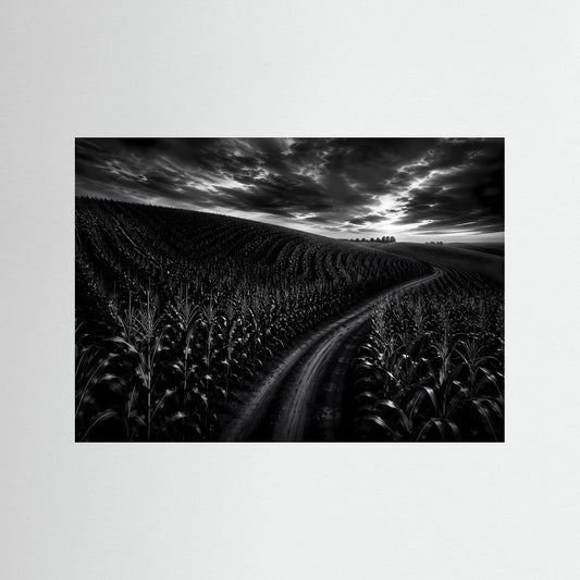 Monochromes Landschaftsbild: Feldweg durch Kornfeld bei dramatischem Himmel, ohne Rahmen