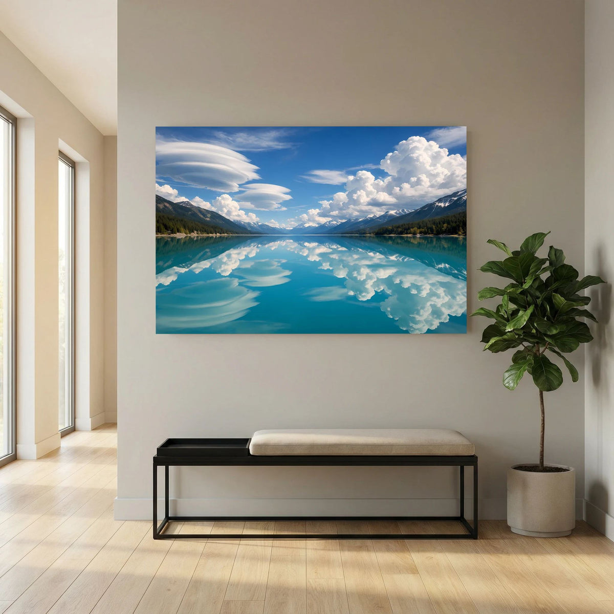 Querformat-Wandbild über Bank: türkisblauer See, Berge und Wolkenhimmel
