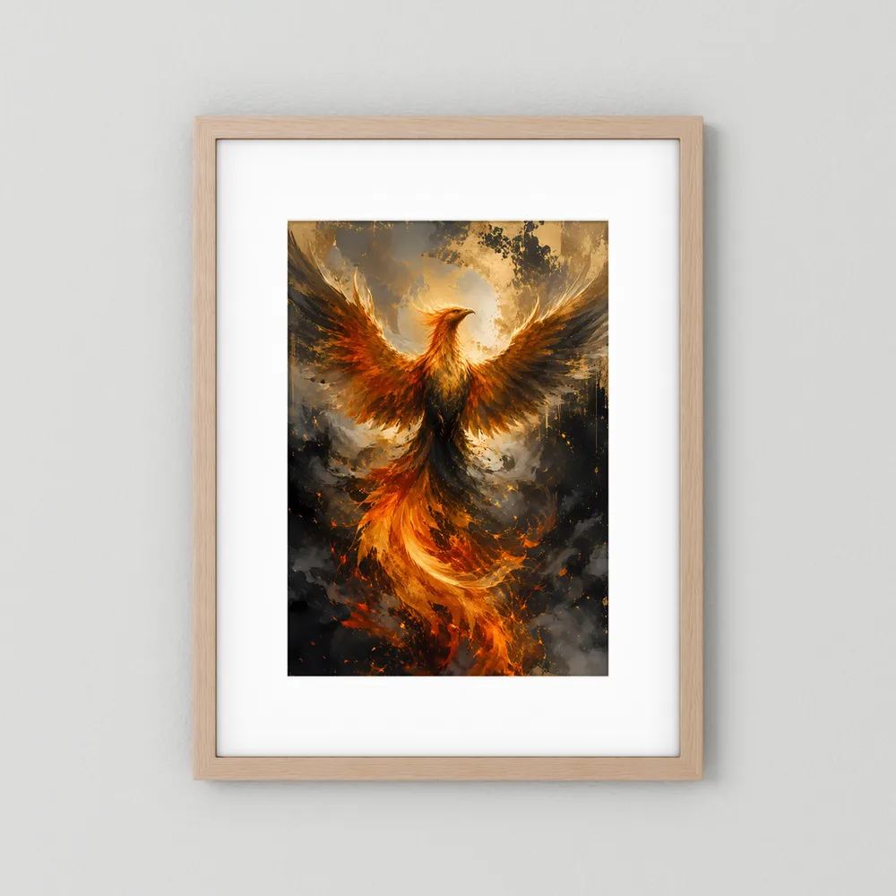 Poster im hellem Holzrahmen mit weißem Rand, Phönix in gold-orange Flammen