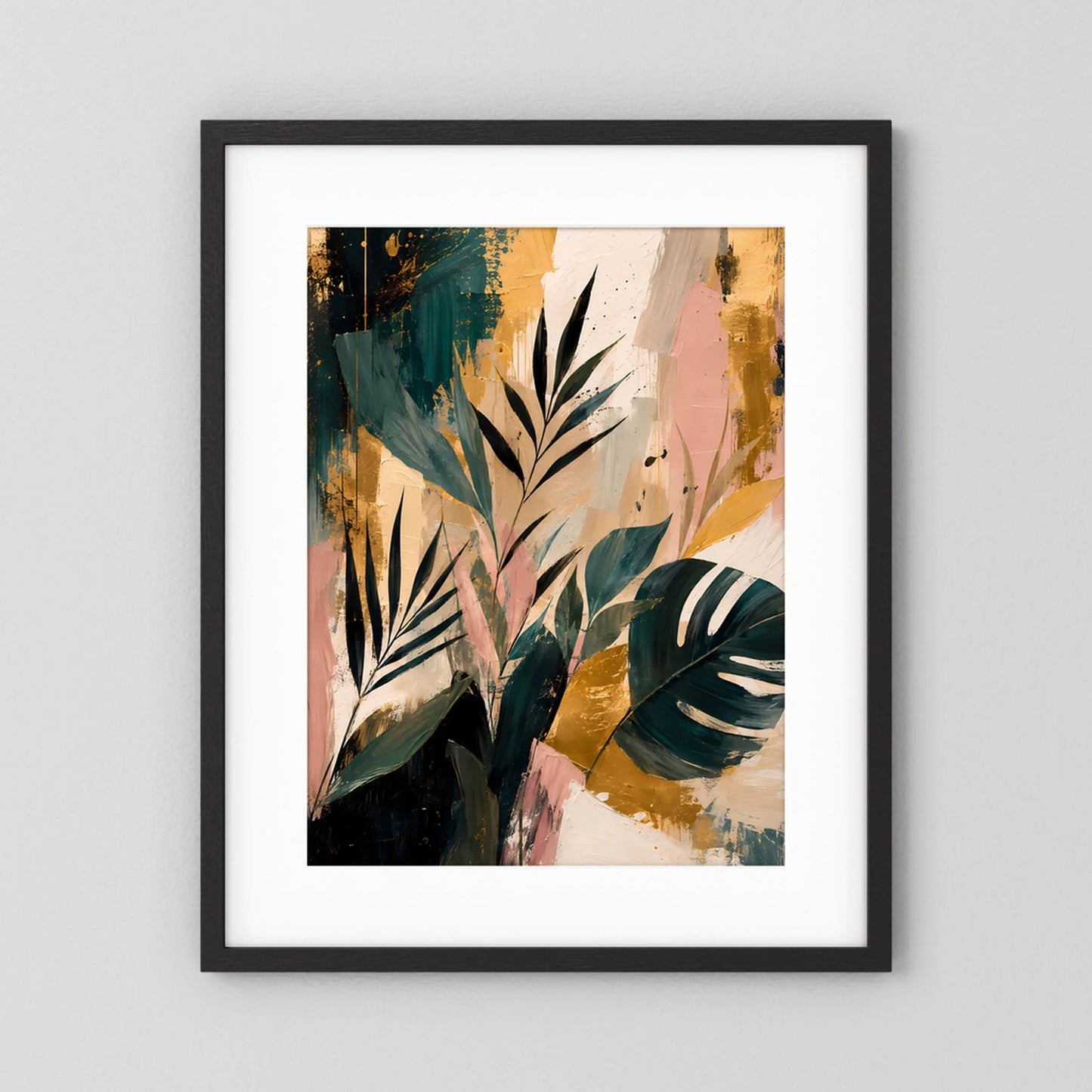 Abstrakte tropische Blätter | Botanische Kunst in Petrol, Rosa und Gold | Poster Hochformat