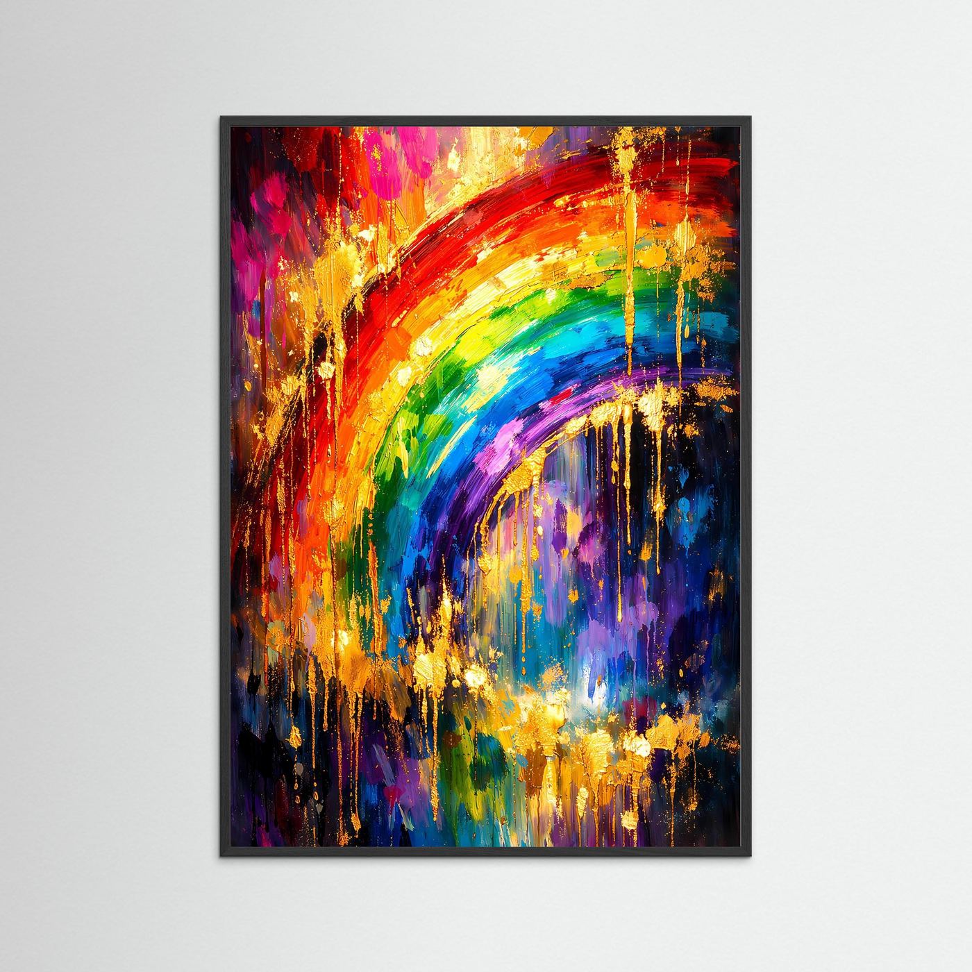 Abstraktes Regenbogenkunstposter mit schwarzem Rahmen, Regenbogenbogen und Farbspritzer