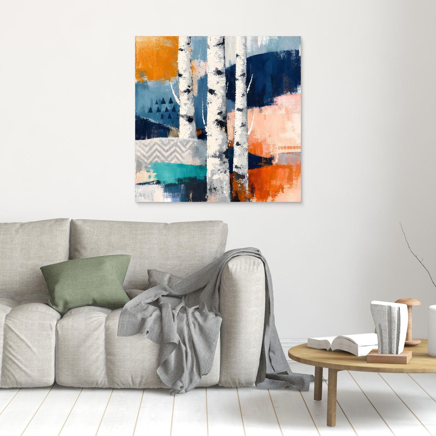 Leinwandbild mit abstrakten Birkenstämmen in Weiß, Blau- und Orangeflächen ohne Rahmen