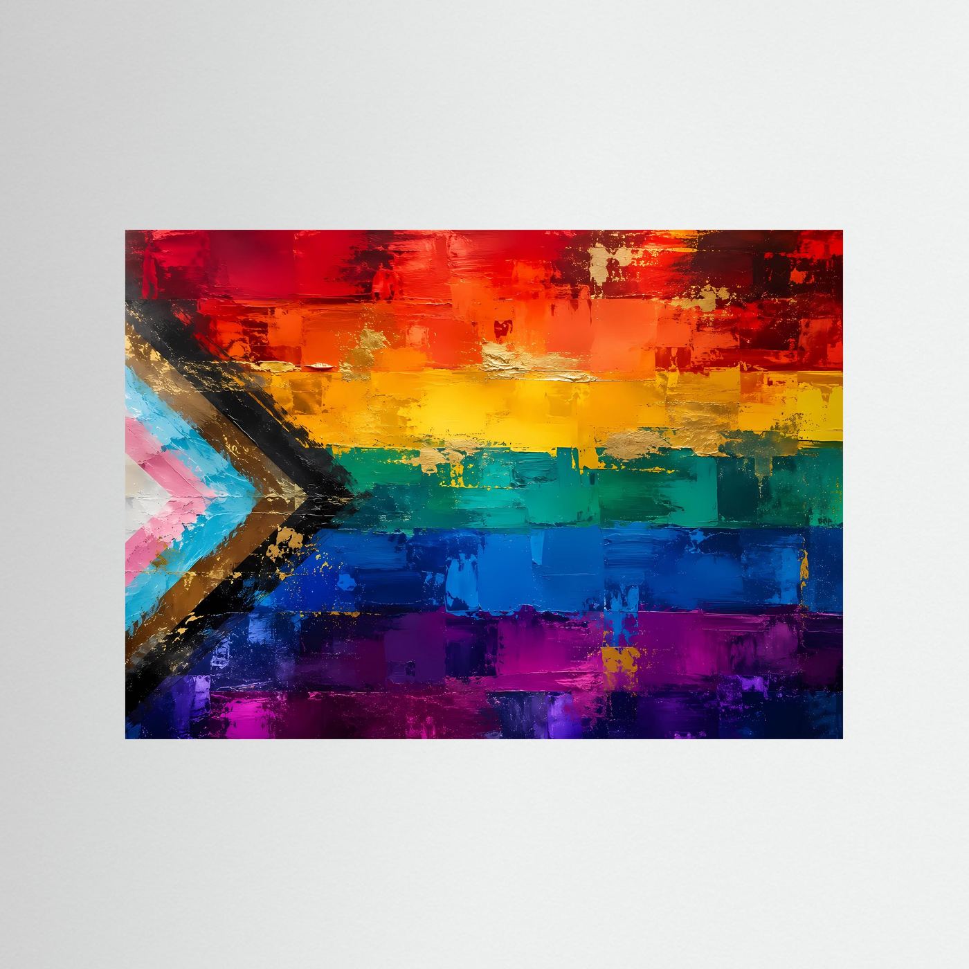 Poster mit abstrakter Regenbogenflagge in kräftigen Farben, inklusive goldfarbenem Pfeil