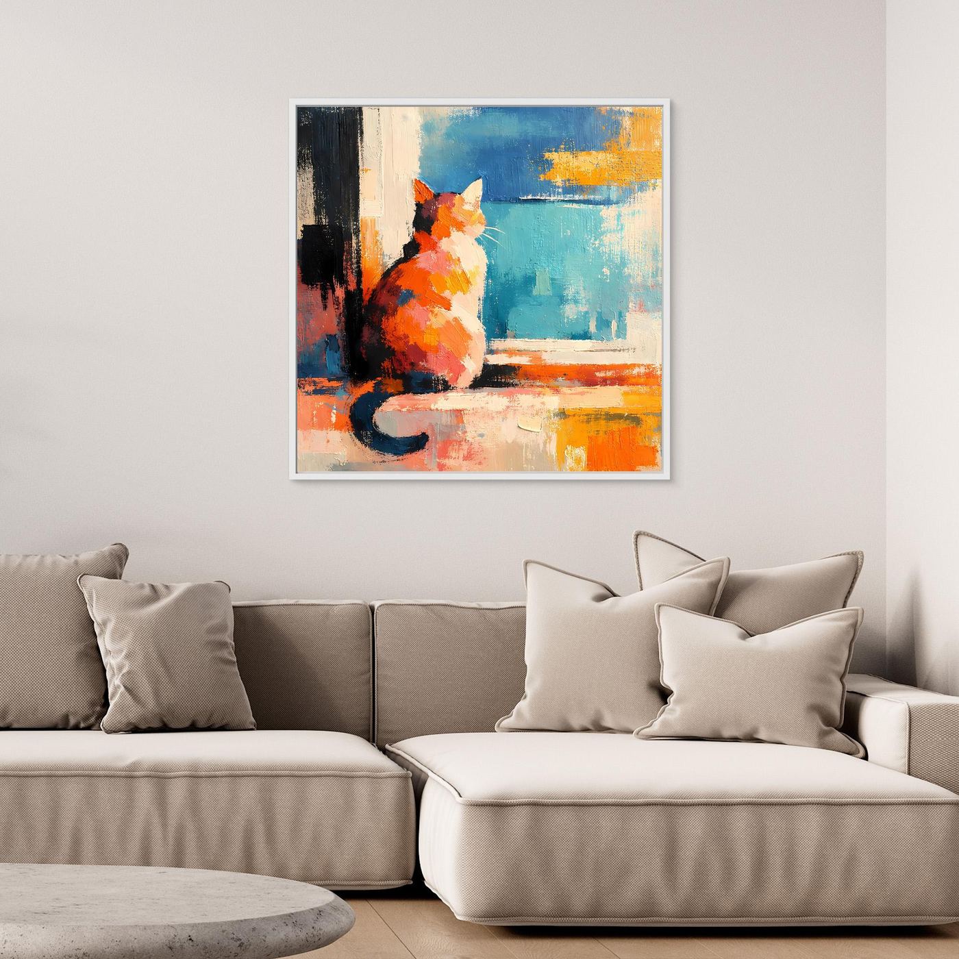 White-framed abstract cat wall art canvas, orange cat with blue and peach brushstrokes