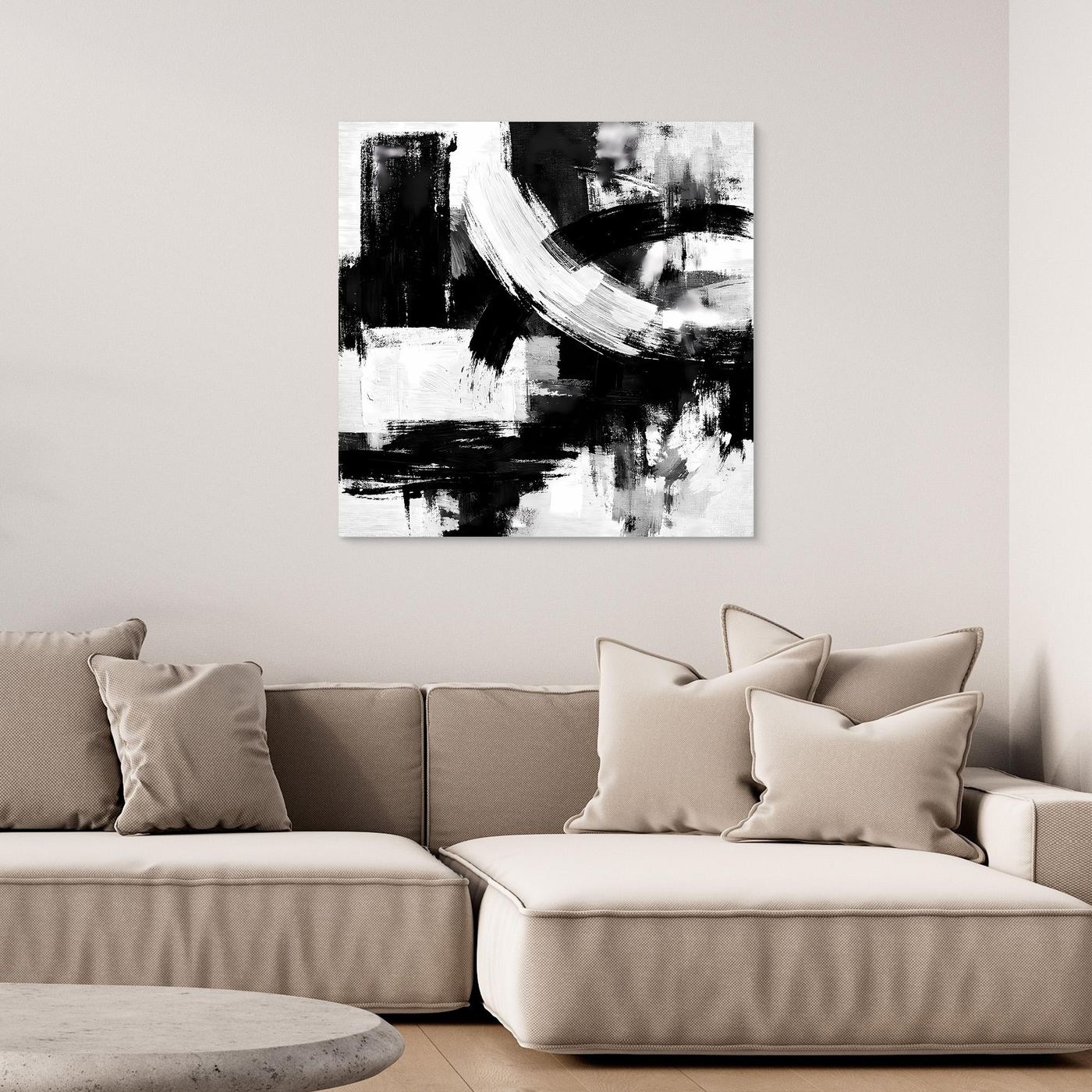 Abstract canvas wall art with black-and-white brushstrokes in a square layout