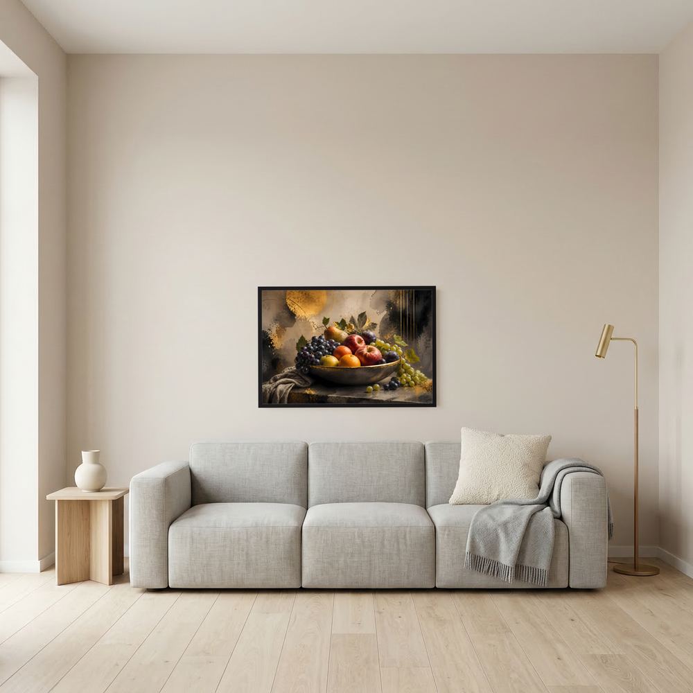 Kleines gerahmtes Poster (Querformat) mit Früchte-Schale, auf Wand