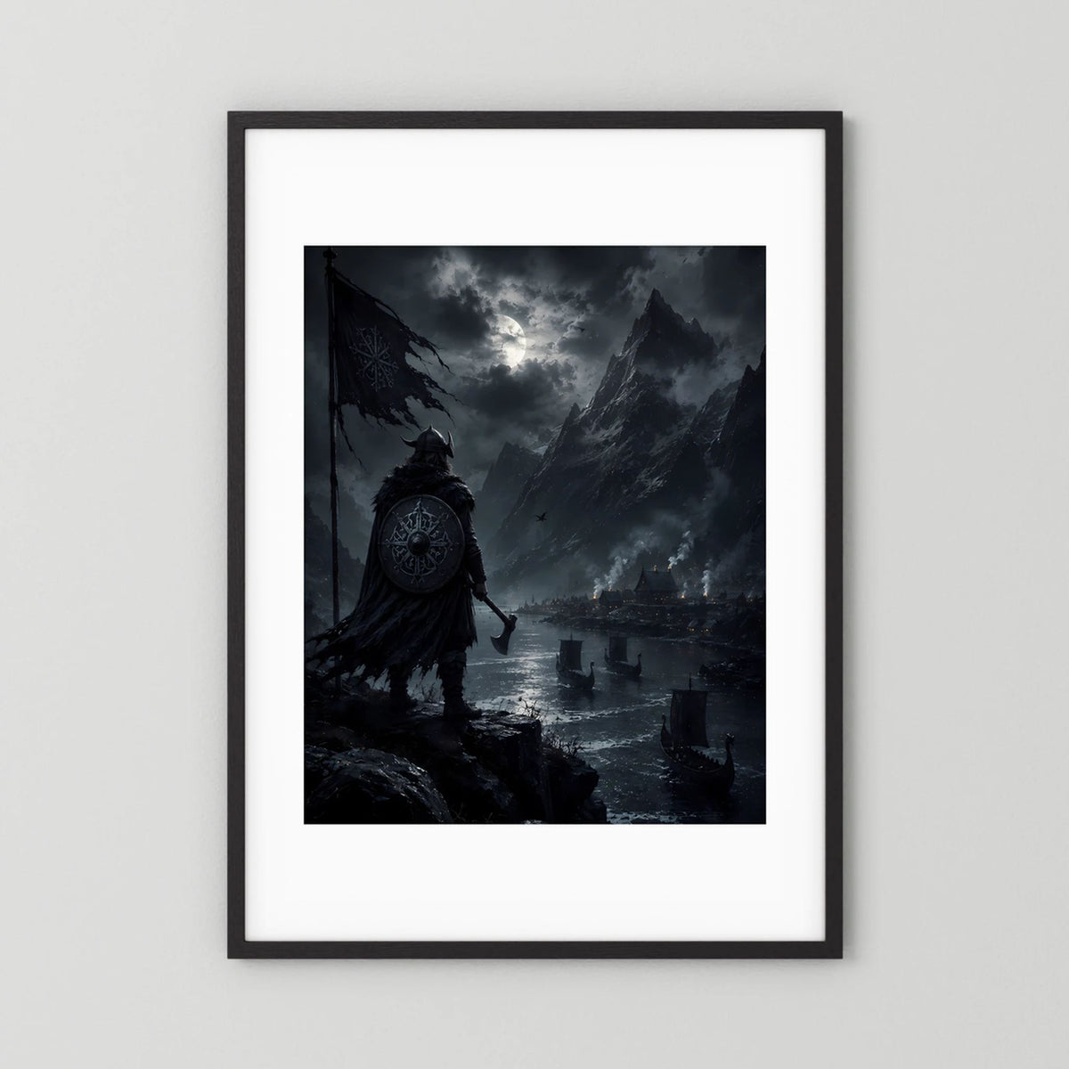 Hochformat-Poster mit Wikingerkrieger und Fjord, schwarzer Außenrahmen