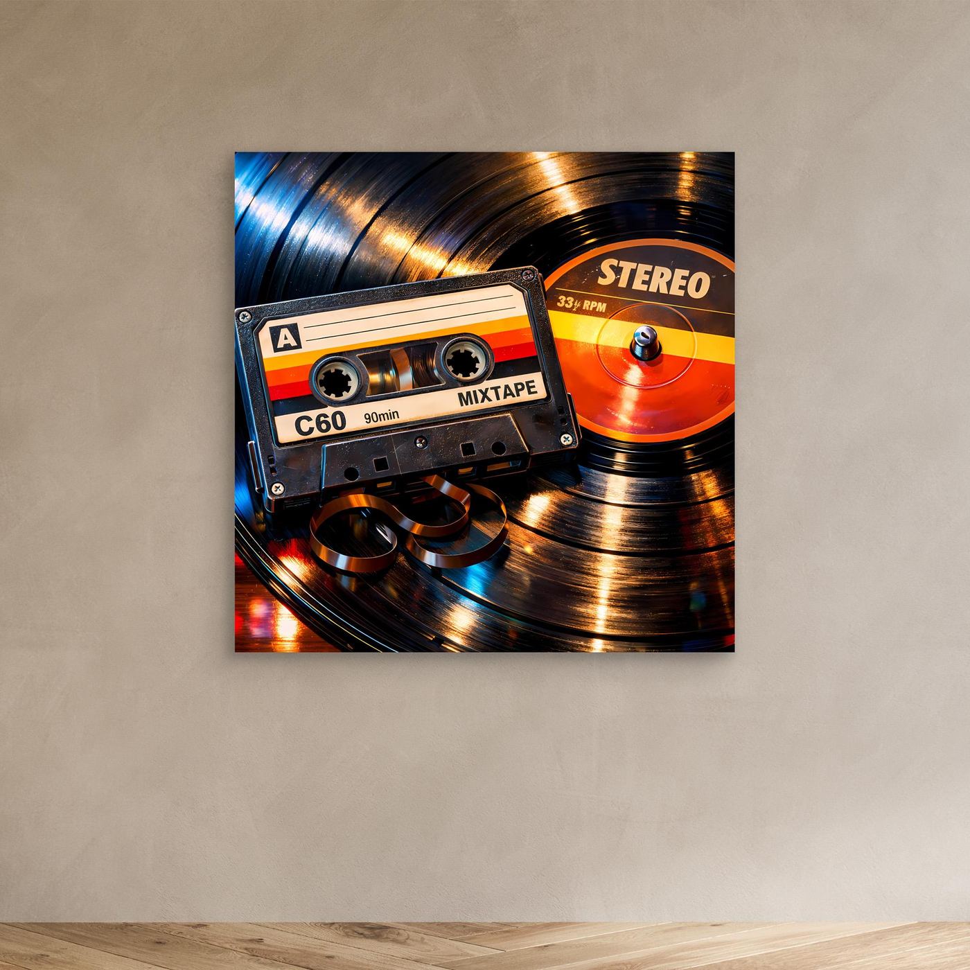 Leinwandbild mit Retro-Mix Tape und Schallplatte, orange/blau, ohne Rahmen