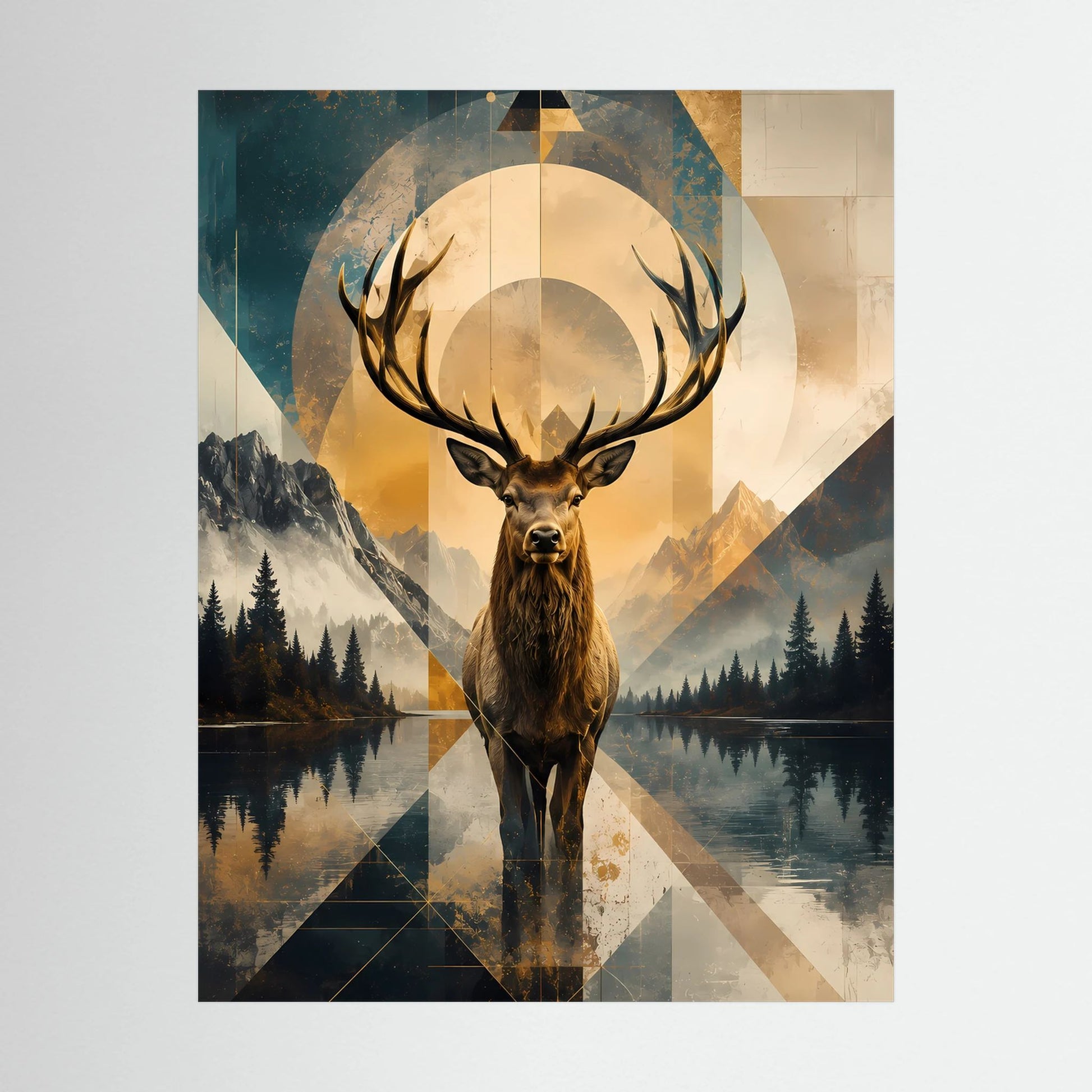 Nahansicht: Hochformatiges Hirsch-Poster mit goldem Geweih und geometrischer Berglandschaft, ohne Passepartout