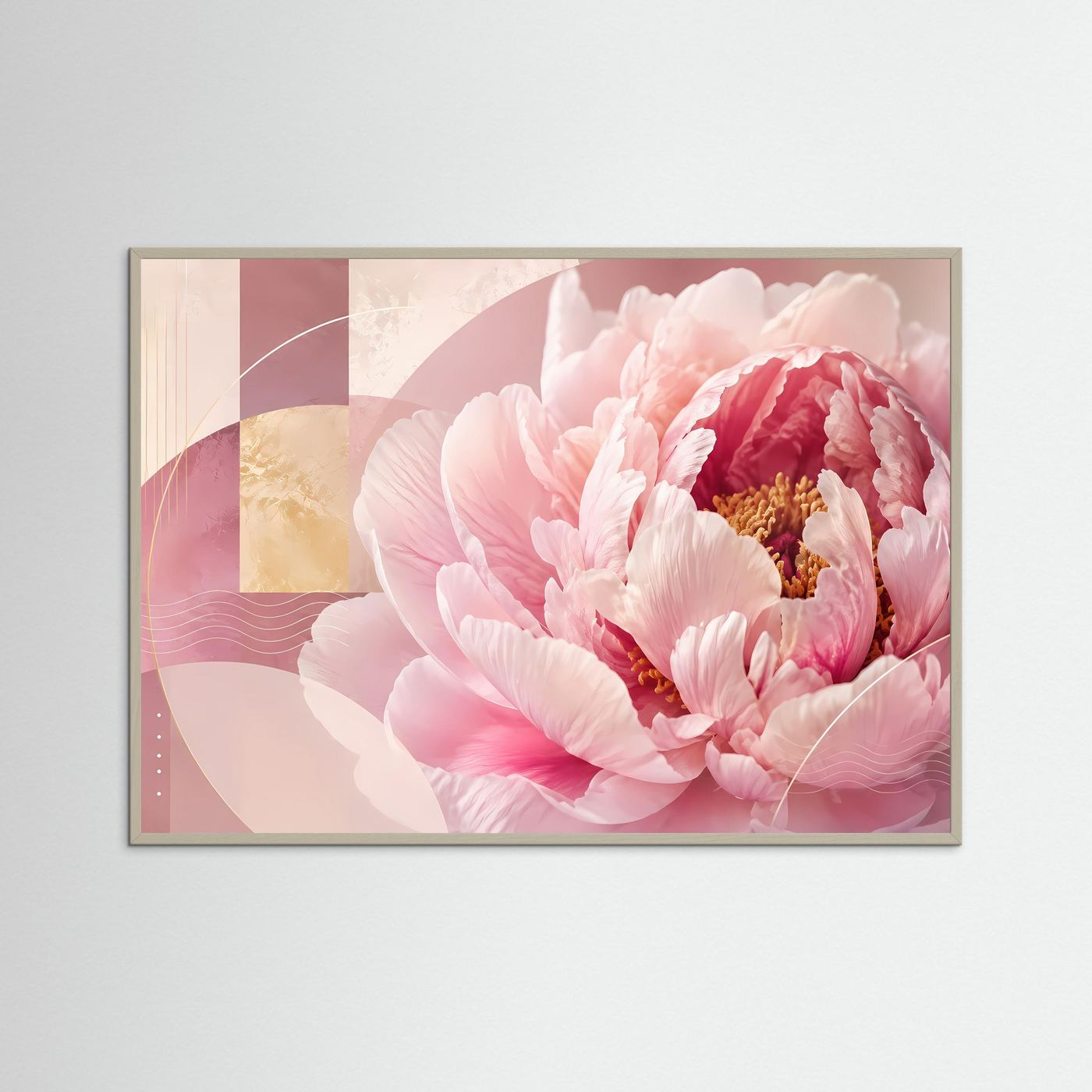 Poster im grauen Rahmen mit rosa Pfingstrosen und abstraktem Pastellmuster