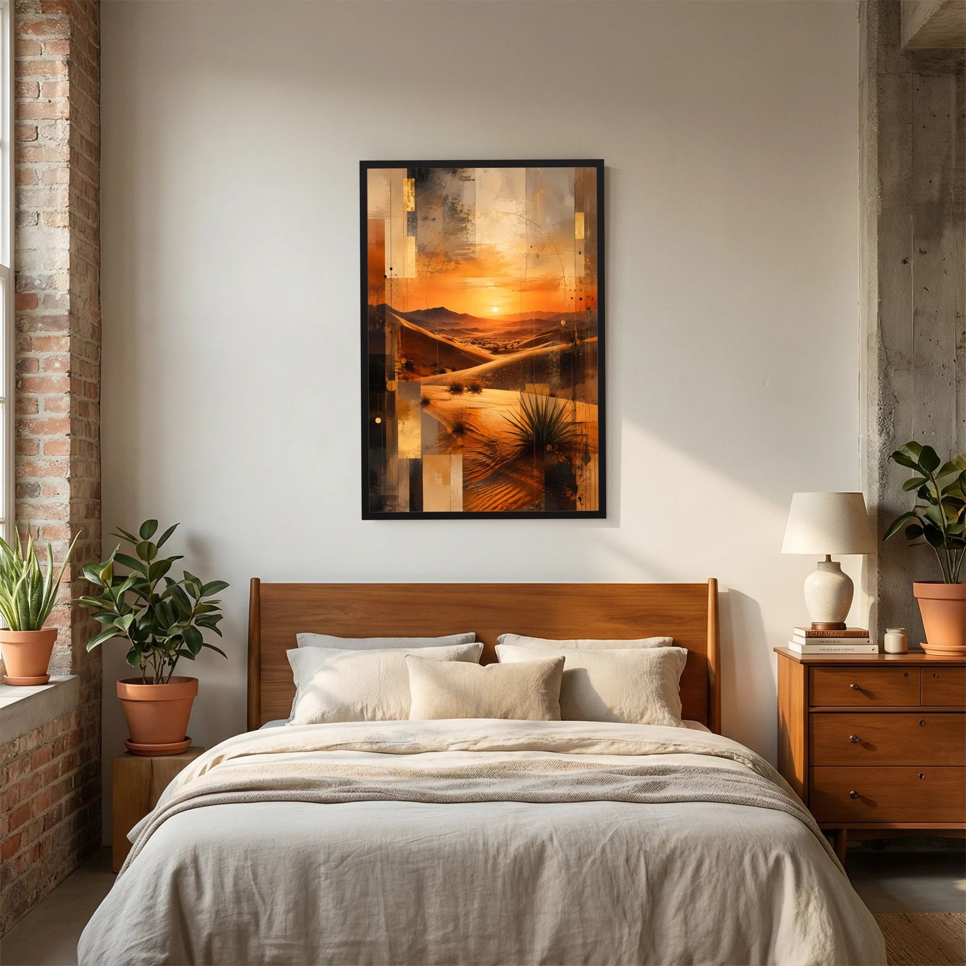 Wüstenlandschafts-Poster, Hochformat, schwarzer Rahmen; goldene Dünen und orangefarbener Himmel
