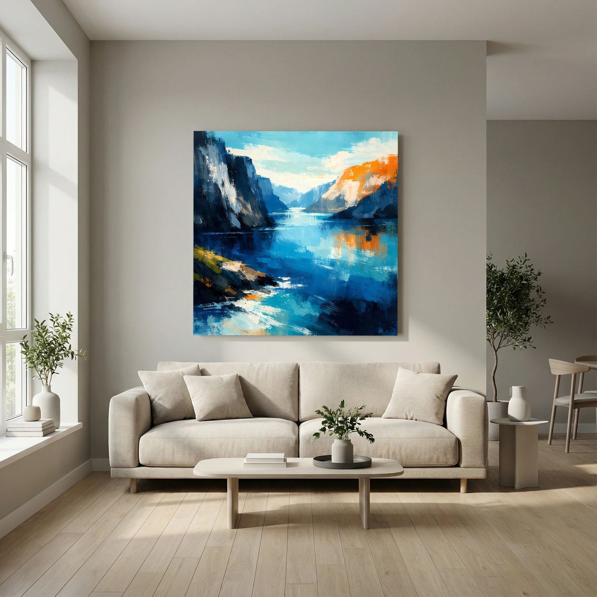 Leinwand Abstraktes Fjord Gemälde | Modernes Norwegisches Wandbild Blau Orange