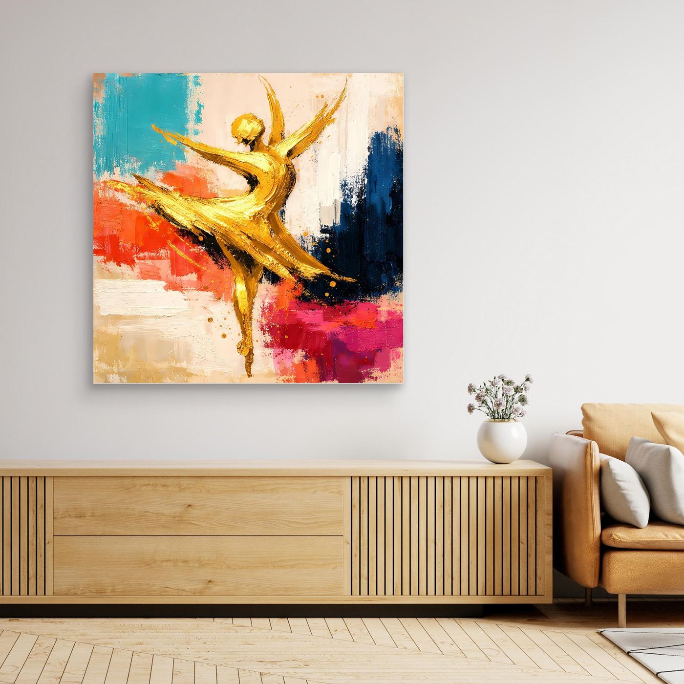 Abstraktes Leinwand-Wandbild: goldene Ballerina mit bunten Farbfeldern, ohne Rahmen