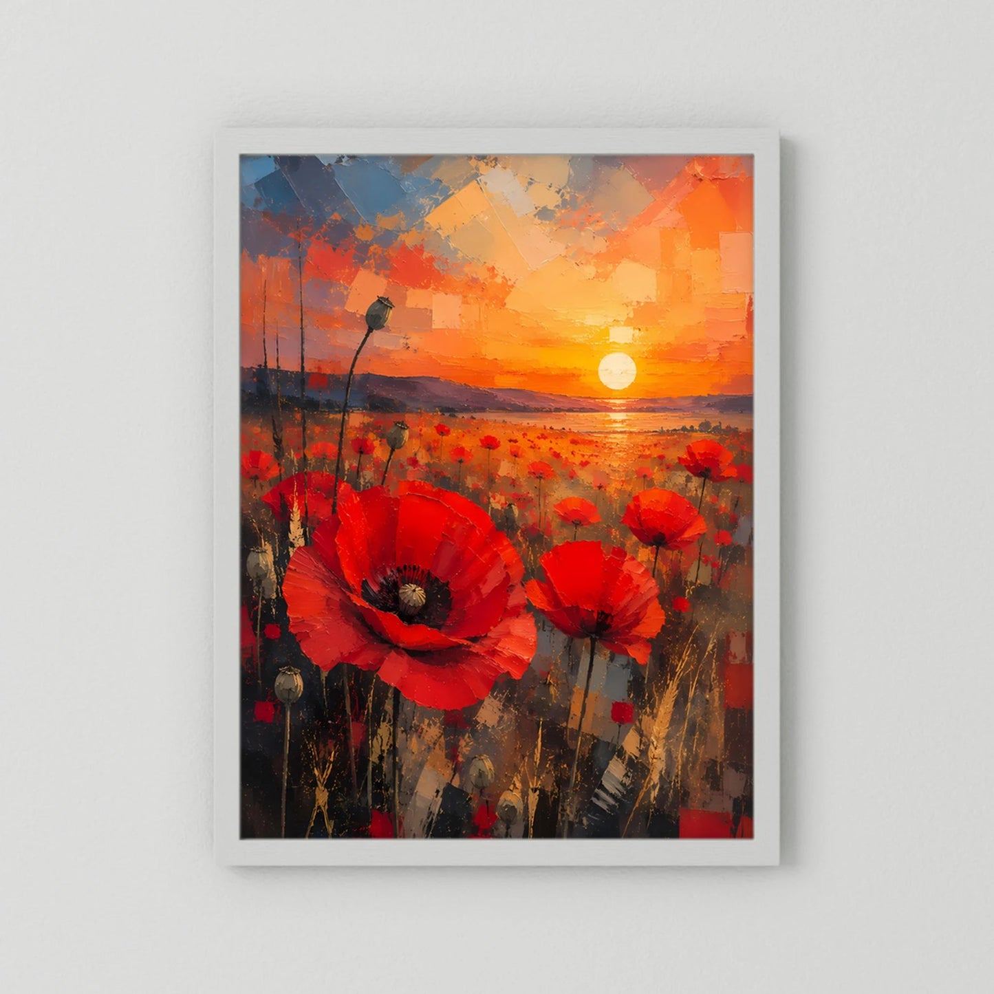 Hochformat-Poster mit roten Mohnblumen und Abendhimmel, im weißen Rahmen