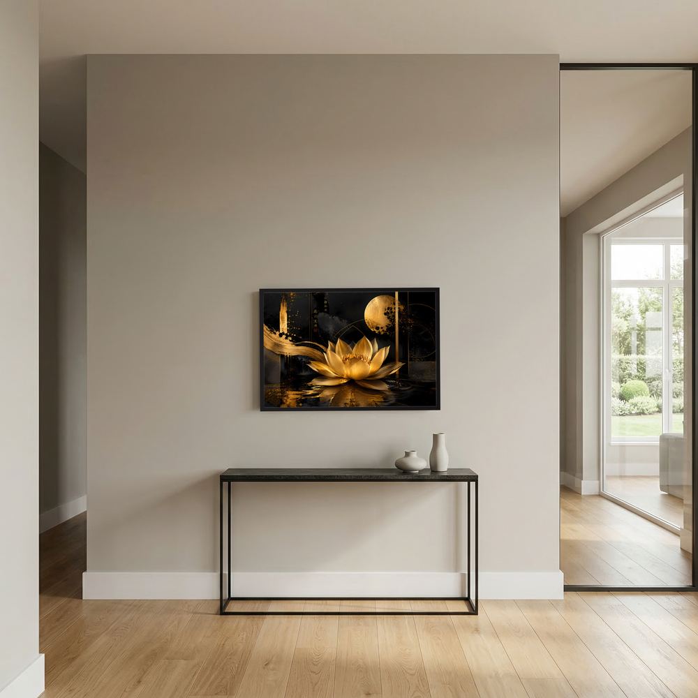 Querformat-Wandposter mit goldener Lotusblüte auf schwarzem Grund, schwarzer Rahmen