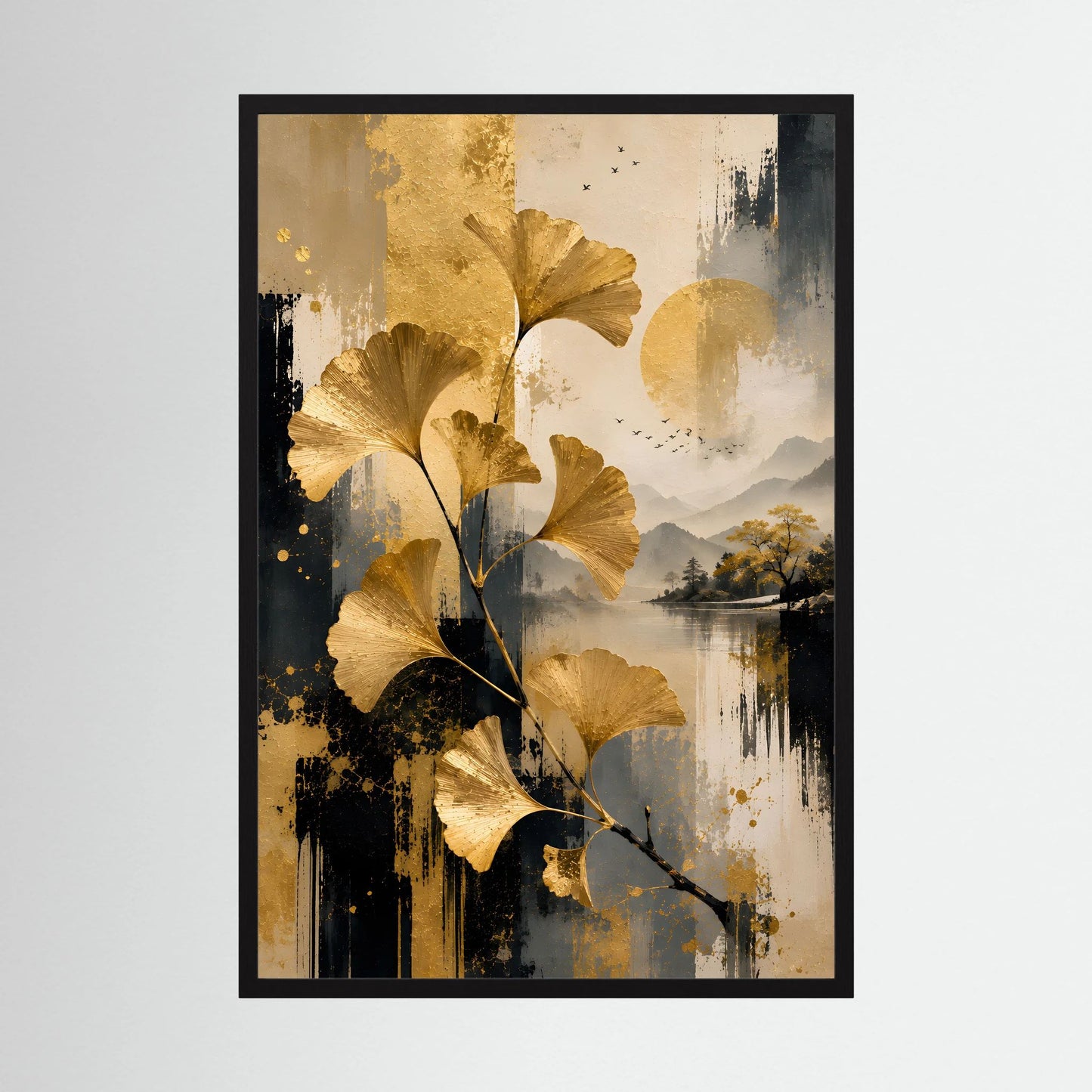 Abstraktes Ginkgo-Kunstposter im schwarzen Rahmen, goldene Blätter auf dunklem Hintergrund
