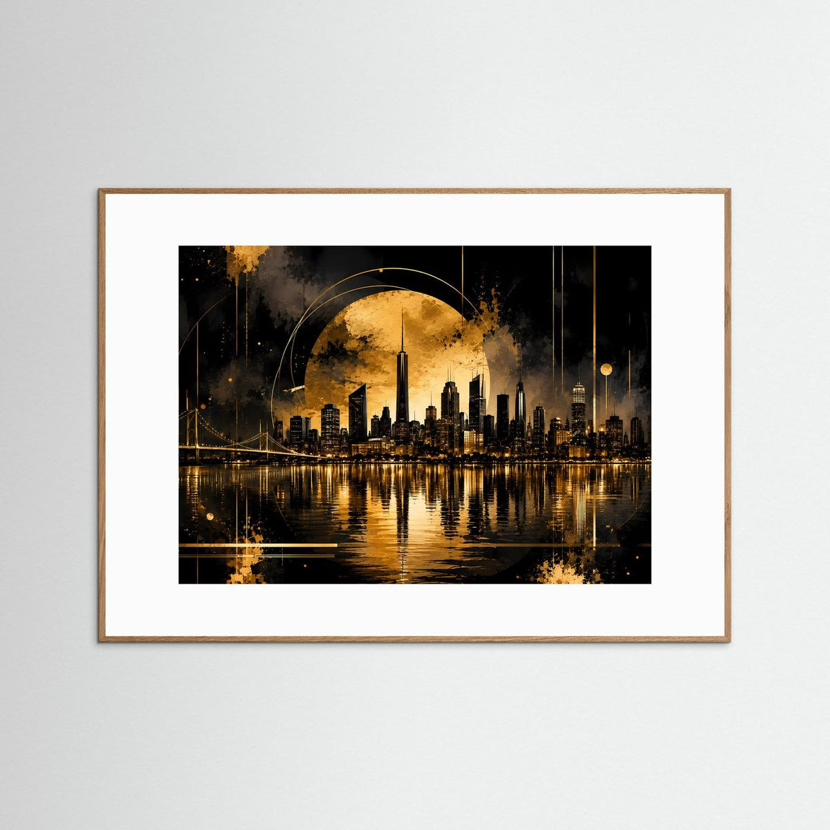 Querformat-Poster in braunem Rahmen mit goldener Skyline, dunklem Nachthimmel und Spiegelung