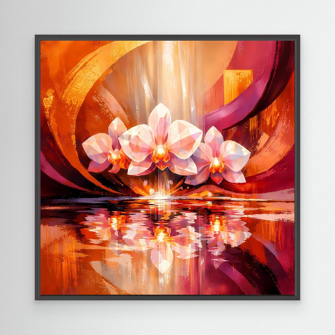 Leinwandbild mit weißen Orchideen, orange-pinken Farbflächen und Spiegelung, in schwarzem Rahmen